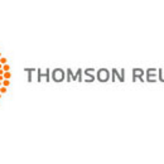Thomson Reuters logo with orange dots and gray text.