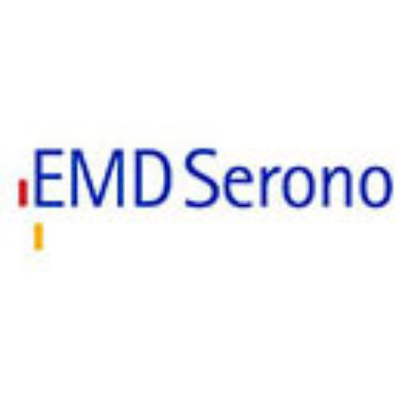 Logo of EMD Serono with stylized text in blue and red.