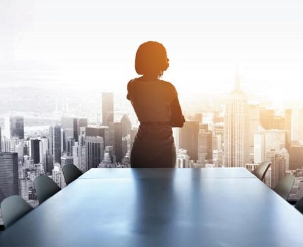 Silhouette of a businesswoman overlooking a city skyline from an office.